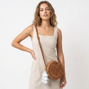 Round Rattan Crossbody Bag - Brown with White Tassels